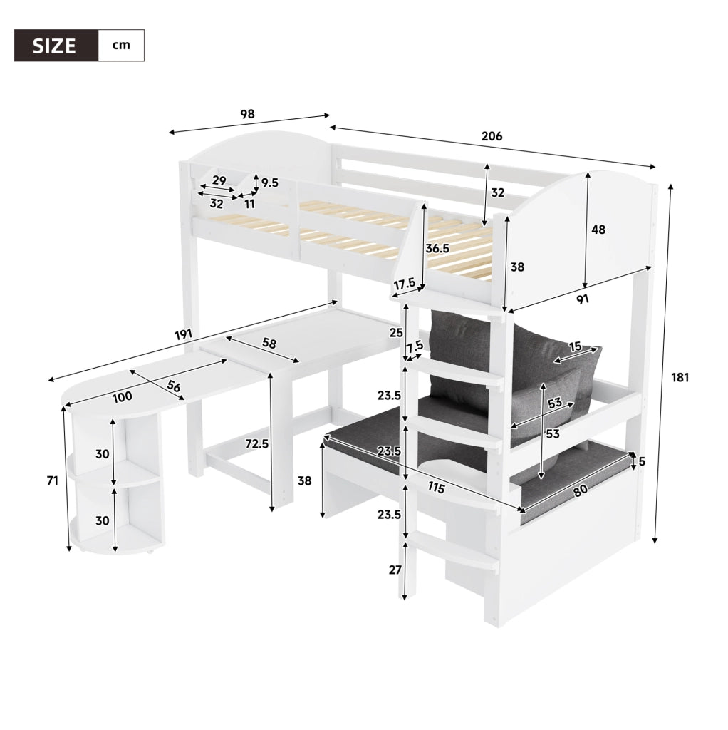 Letto a soppalco per bambini 90x200 cm con scrivania estraibile