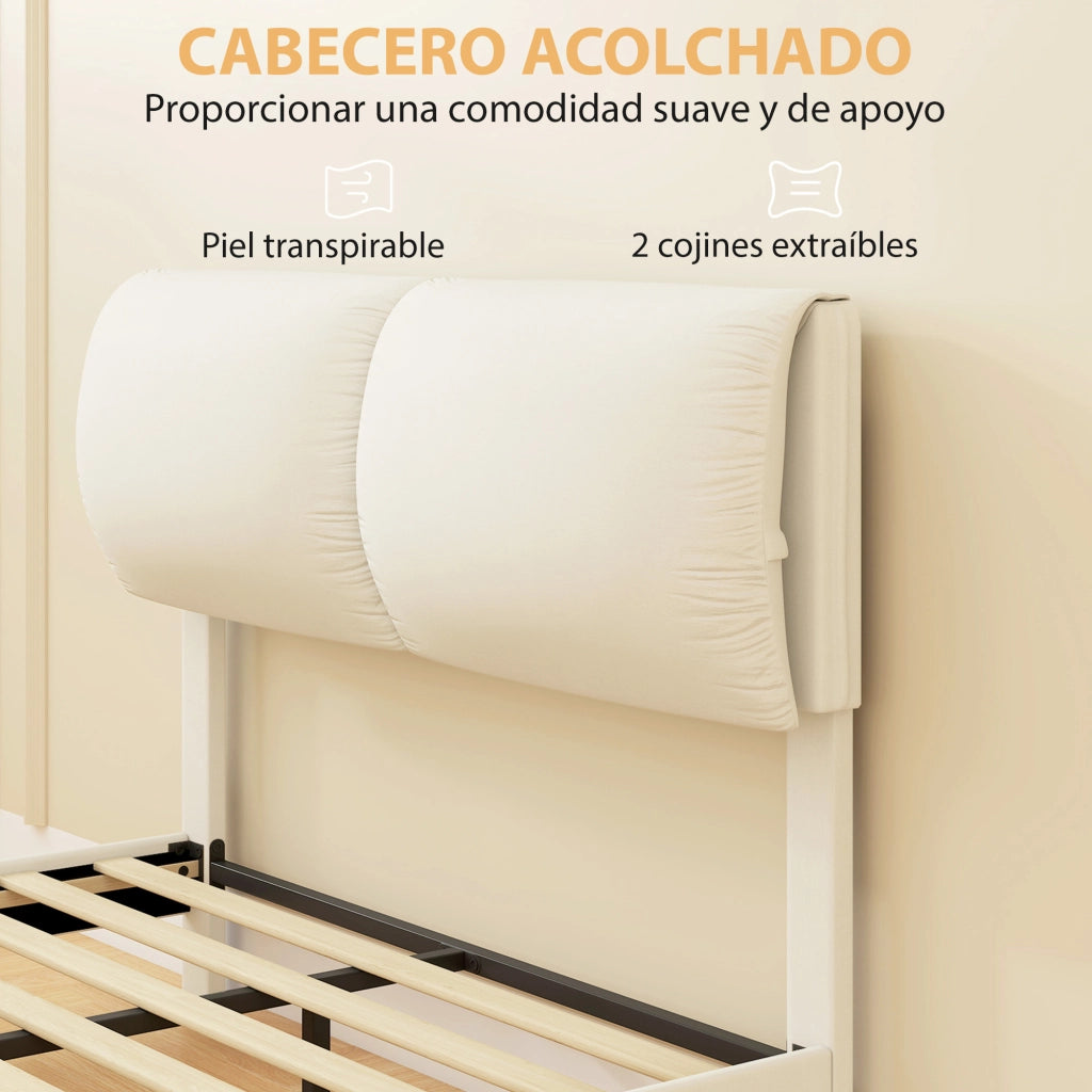 Letto Matrimoniale Imbottito con Testiera ¨C Zephmum ¨C Beige 135x190 cm Struttura Metallo
