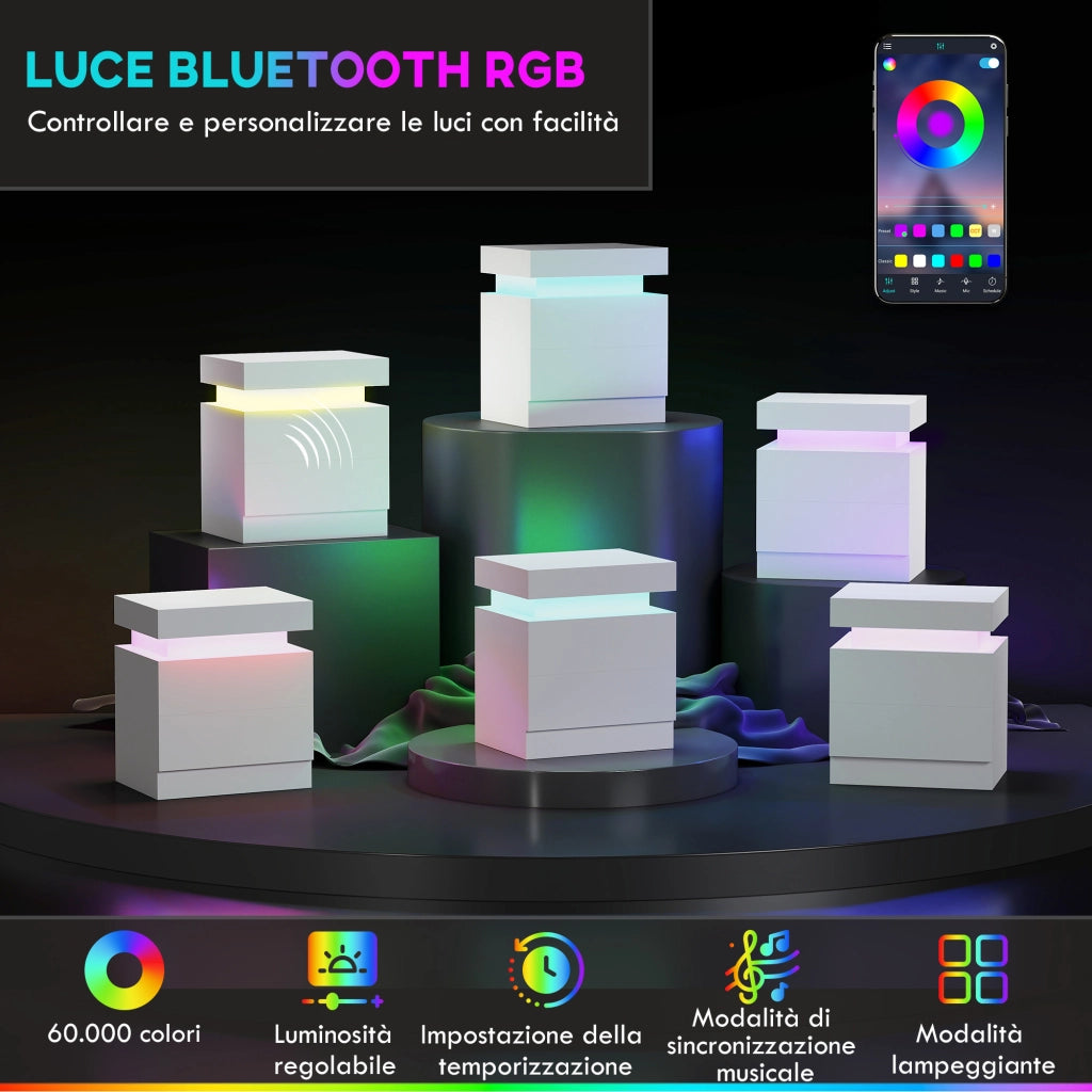 Comodino con 2 cassetti e LED RGB ¨C zephmum ¨C Legno, Bianco, 45x35x52 cm