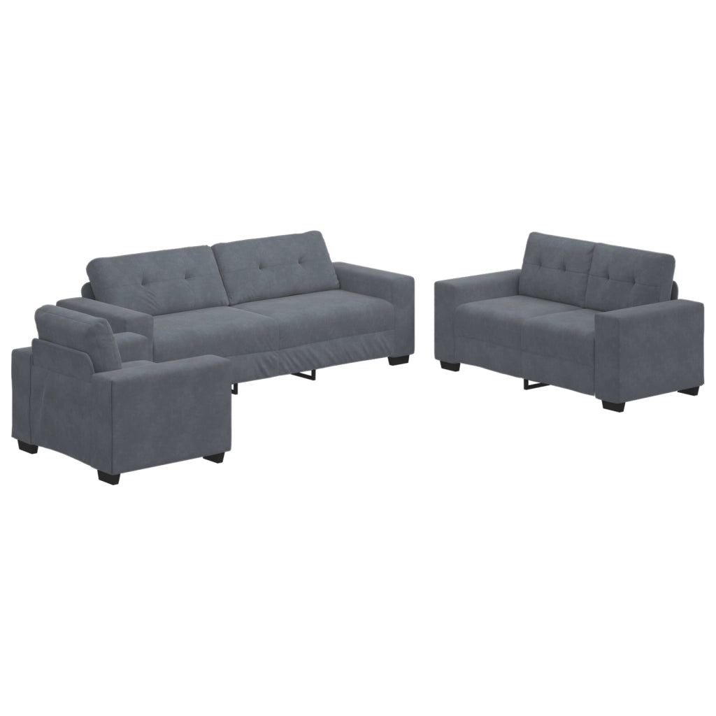 Set Divano a 3 Pz con Cuscini in Velluto Grigio Scuro