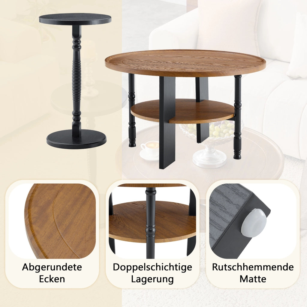 Set di 2 tavolini rotondi MDF noce e nero con vano