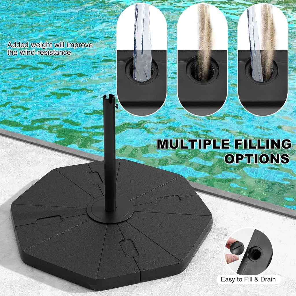 Set di 4 piedini per ombrellone, riempiti con acqua o sabbia, set di 4 piastrelle per ombrelloni in HDPE, supporto per ombrellone per spiaggia, giardino, balcone, terrazzo, ottagonale, 116 x