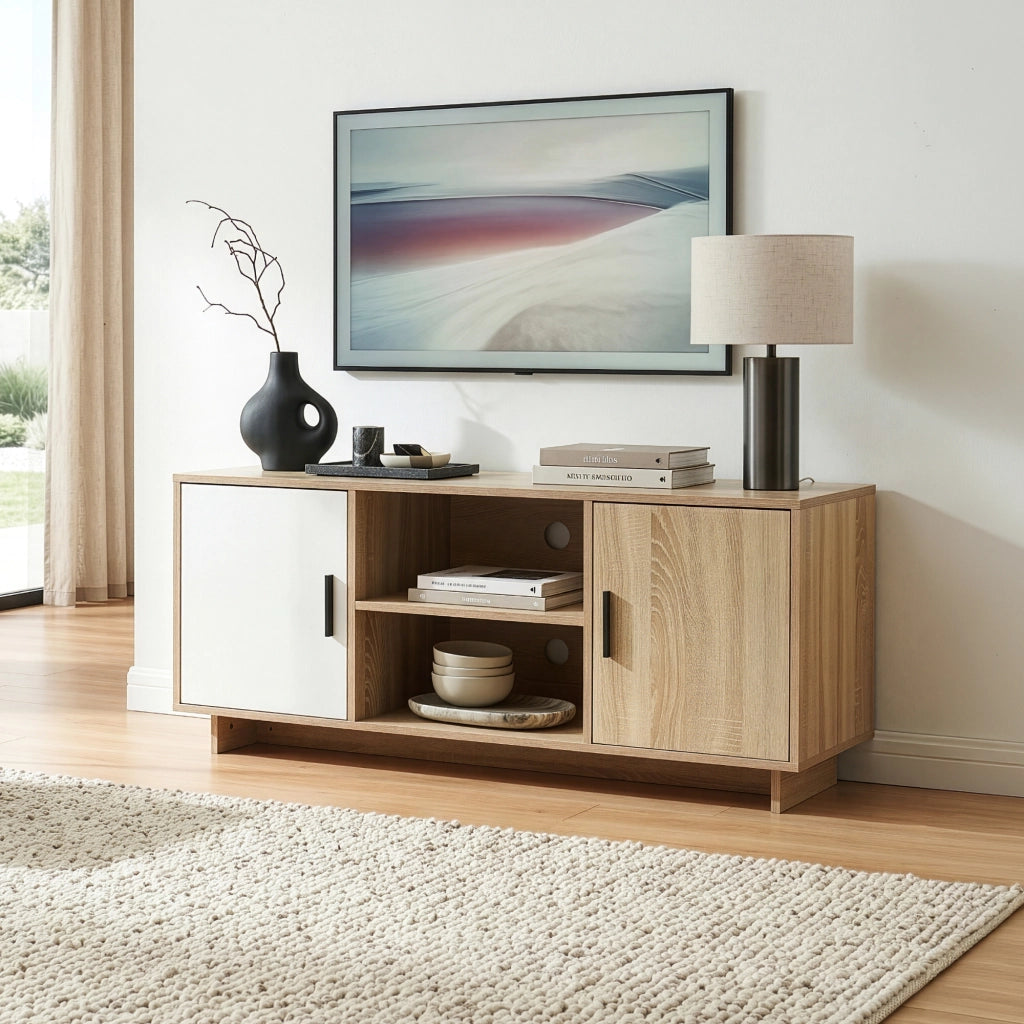 Mobile Porta TV Kenta a 2 Ante e Scomparti Aperti 120x39x52 cm Effetto Rovere Sonoma/Bianco [en.casa]
