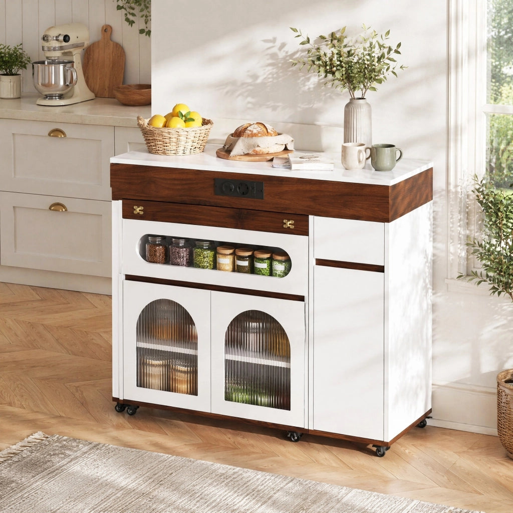 Isola cucina estensibile con prese, ruote e vetrine
