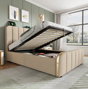 Letto singolo imbottito 90x200 cm beige con USB-C, vano idraulico e rete