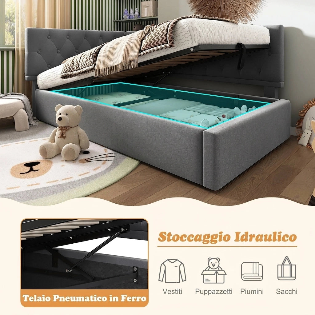 Divano letto singolo 90x190 cm con contenitore idraulico; design a L; letto imbottito in velluto grigio