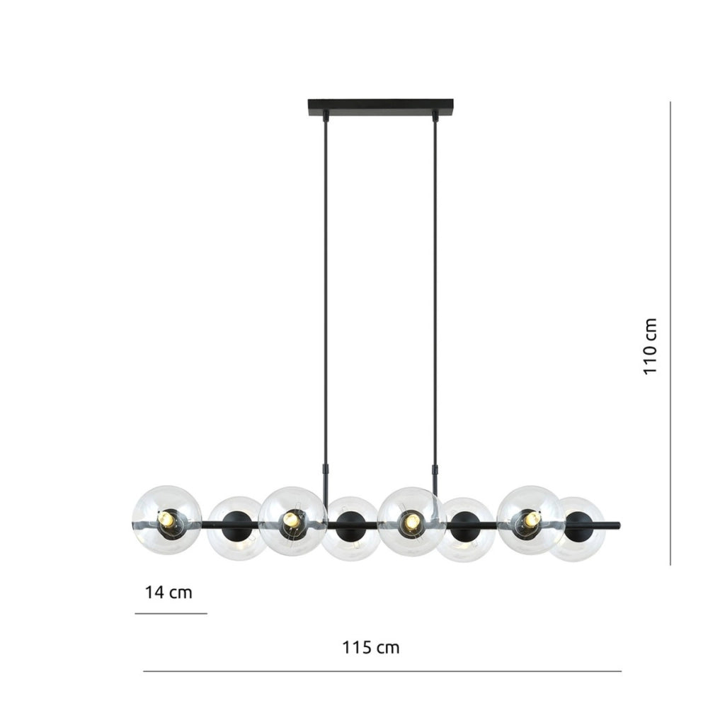 Lampada a sospensione Rory in acciaio nero con diffusori in vetro trasparente