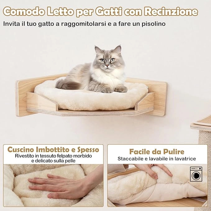 Mensole da Parete per Gatti, Set di Mobili con 2 Amache, Letto, Scalini, Pali Tiragraffi in Juta, Cuscini di Peluche, Arrampicatore in Legno per Gatti da Interno (Modello 1)