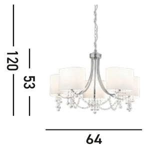 Lampadario Contemporaneo Nina Acciaio Cromo Tessuto Bianco 5 Luci E14