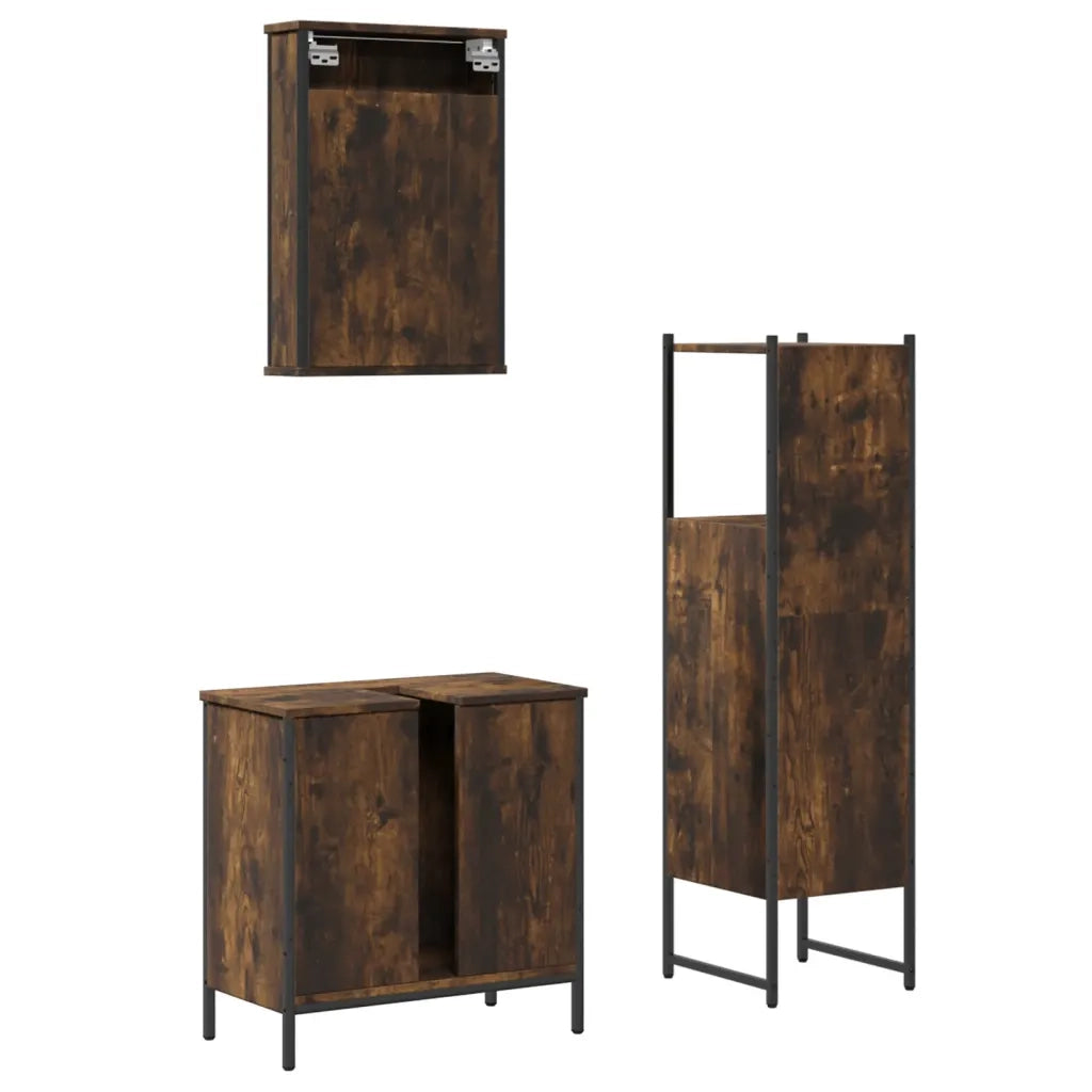 Set Mobili da Bagno | Armadio da bagno 3 pz Rovere Fumo in Legno Multistrato