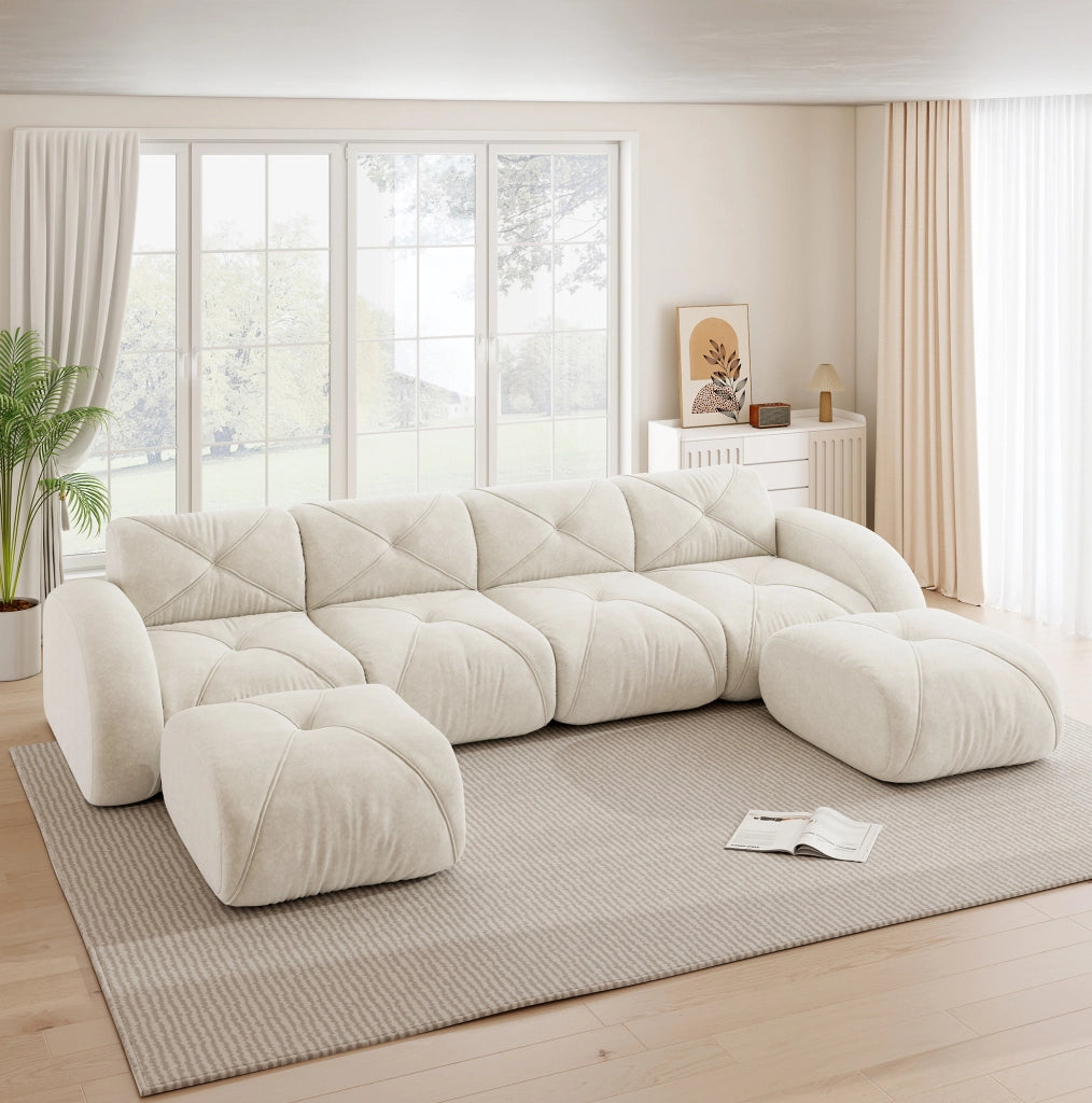 Divano modulare a U 358x171x76 cm in chenille beige chiaro con 2 pouf