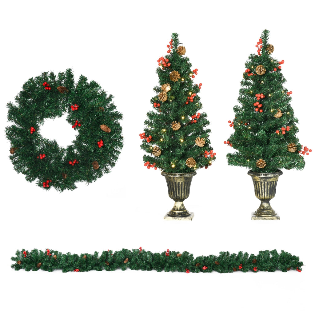 EasyComfort Decorazioni Natalizie, Set 4 Pezzi con 2 Alberelli di Natale Φ40x90 cm, Ghirlanda Natalizia e Corona di Natale