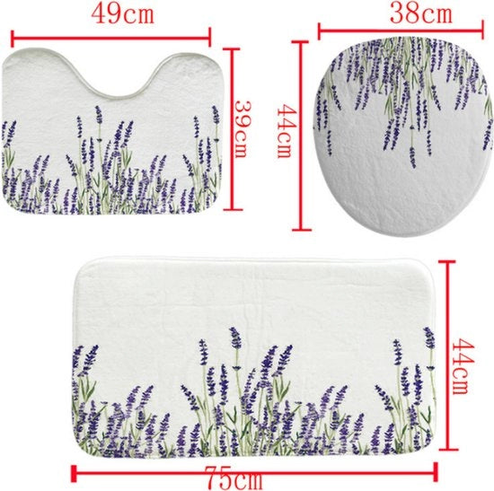 Set di tre tappeti per bagno in stile bohemiano antiscivolo senza tessuto set di tappeti per bagno 3D stampati digitalmente impermeabili e resistenti alla muffa per il water - Lavanda-violaceo - 75*45