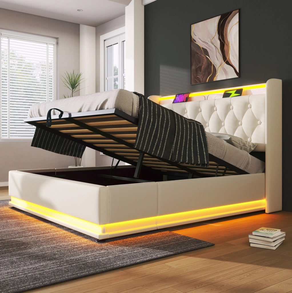 Letto imbottito con LED 360, vano contenitore e USB Type-C 140x190 bianco