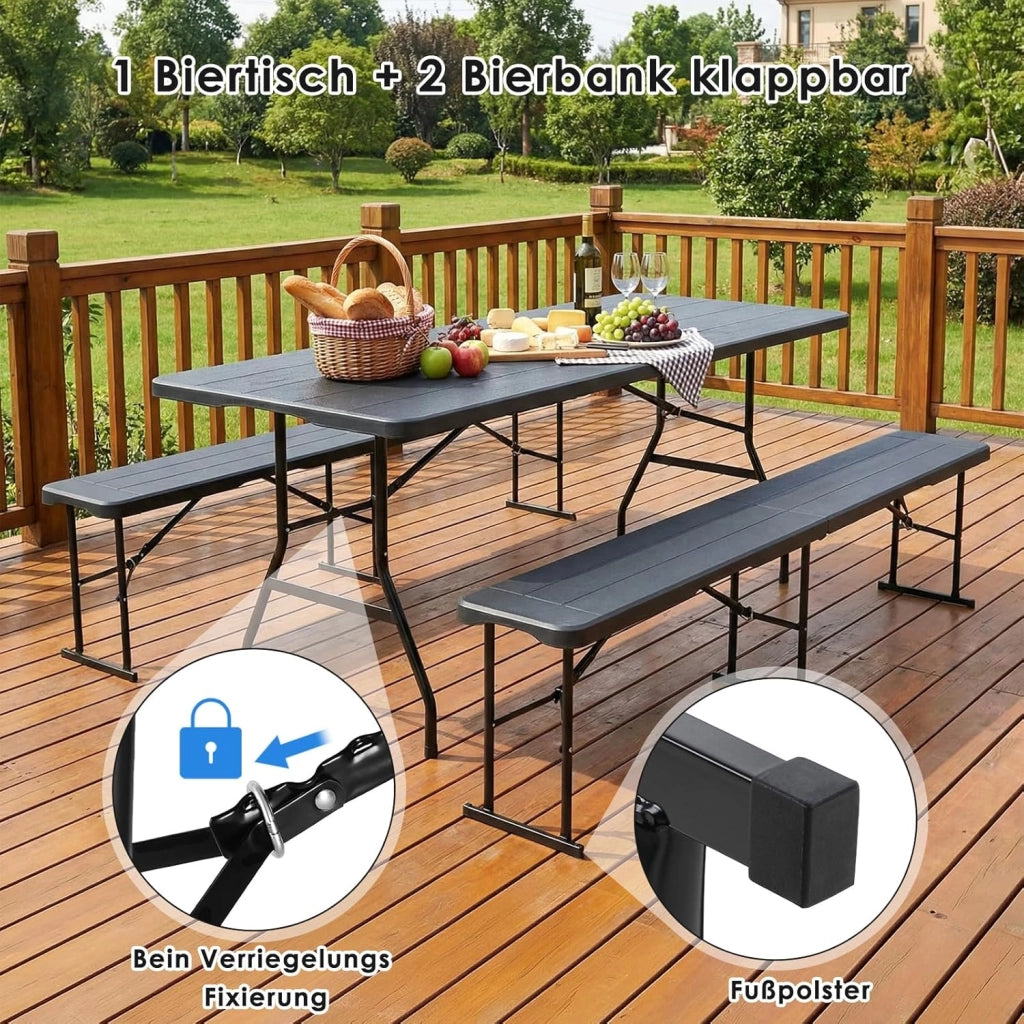 Set Tenda da Birra da 3 Pezzi 180cm, 1 Tavolo e 2 Panche Pieghevoli, Set di Mobili da Giardino in Plastica HDPE, Set Birreria con Manico di Trasporto, per Campeggio Picnic Esterno, Ottica in Legno