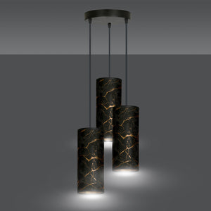 Sospensione Tonda 3 Luci Karli In Acciaio Nero E Paralumi Effetto Marmo Dorato