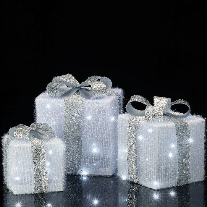 Set 3 Pacchetti Pacchi Regalo Luminosi Natale Bianco e Argento Interni e Esterni