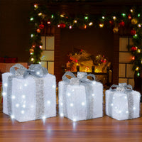 Set 3 Pacchetti Pacchi Regalo Luminosi Natale Bianco e Argento Interni e Esterni