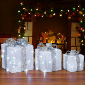 Set 3 Pacchetti Pacchi Regalo Luminosi Natale Bianco e Argento Interni e Esterni