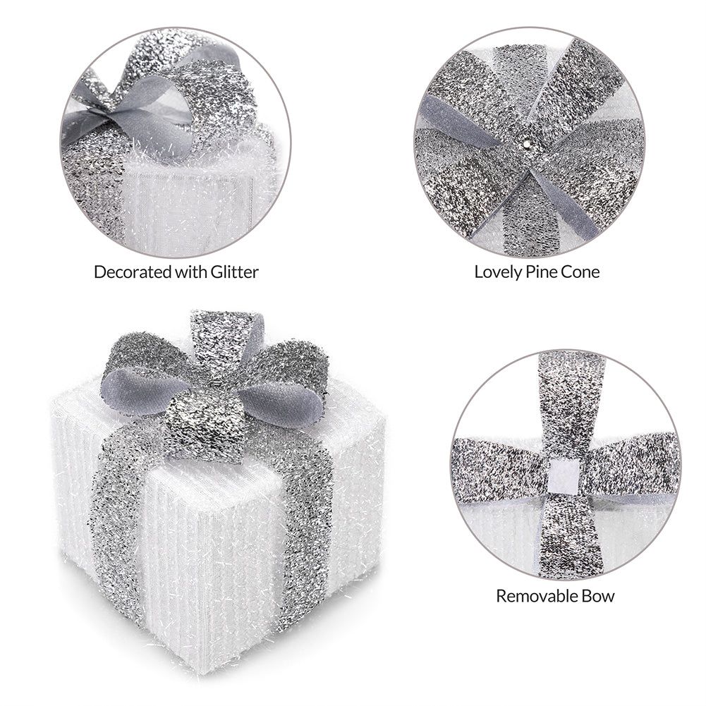 Set 3 Pacchetti Pacchi Regalo Luminosi Natale Bianco e Argento Interni e Esterni