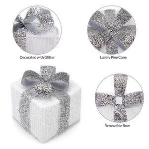 Set 3 Pacchetti Pacchi Regalo Luminosi Natale Bianco e Argento Interni e Esterni
