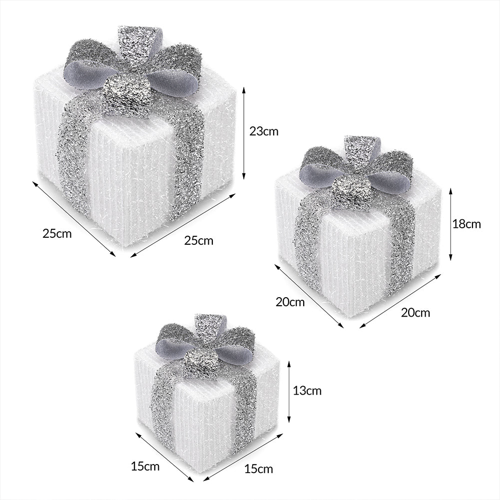 Set 3 Pacchetti Pacchi Regalo Luminosi Natale Bianco e Argento Interni e Esterni