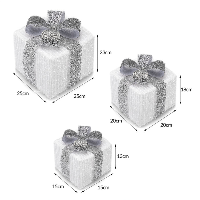 Set 3 Pacchetti Pacchi Regalo Luminosi Natale Bianco e Argento Interni e Esterni