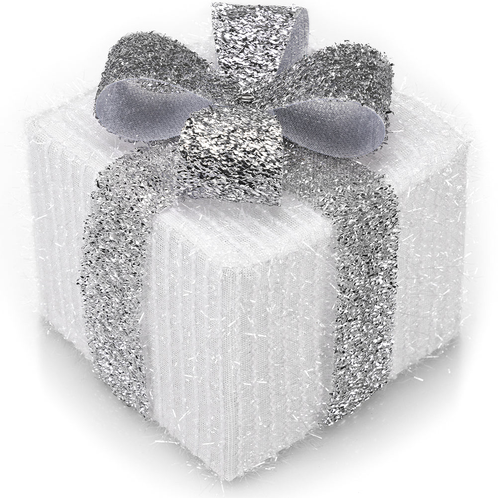 Set 3 Pacchetti Pacchi Regalo Luminosi Natale Bianco e Argento Interni e Esterni