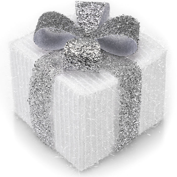 Set 3 Pacchetti Pacchi Regalo Luminosi Natale Bianco e Argento Interni e Esterni