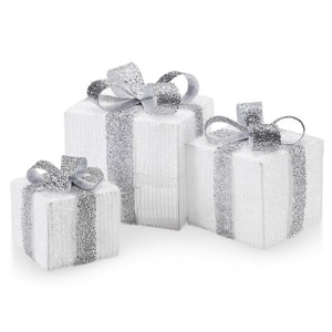 Set 3 Pacchetti Pacchi Regalo Luminosi Natale Bianco e Argento Interni e Esterni