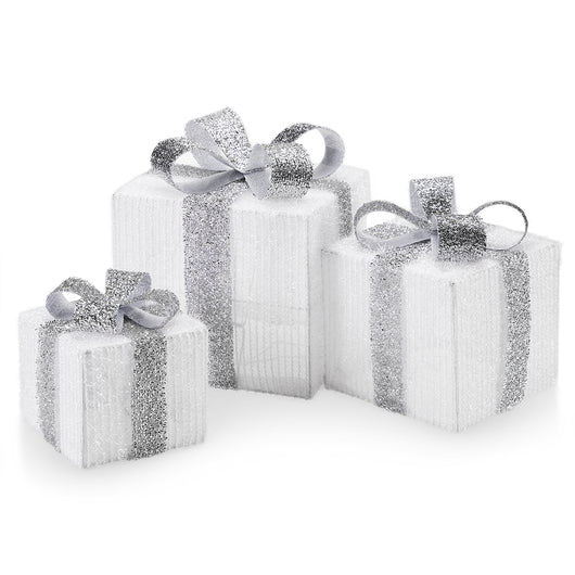 Set 3 Pacchetti Pacchi Regalo Luminosi Natale Bianco e Argento Interni e Esterni