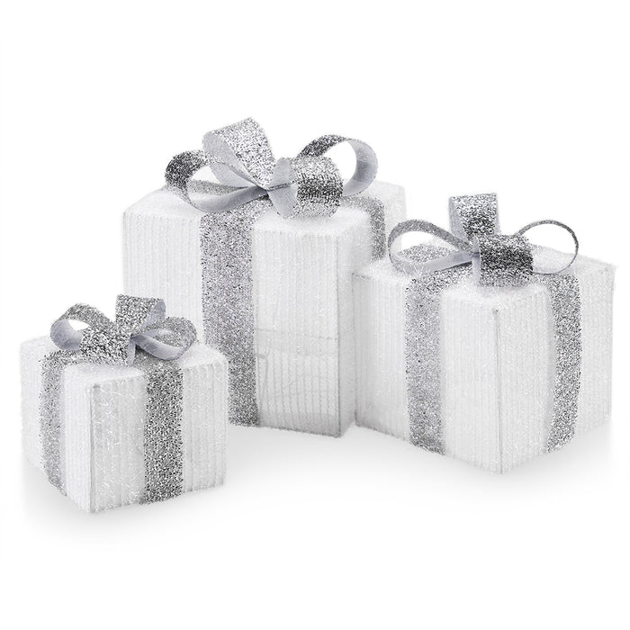 Set 3 Pacchetti Pacchi Regalo Luminosi Natale Bianco e Argento Interni e Esterni