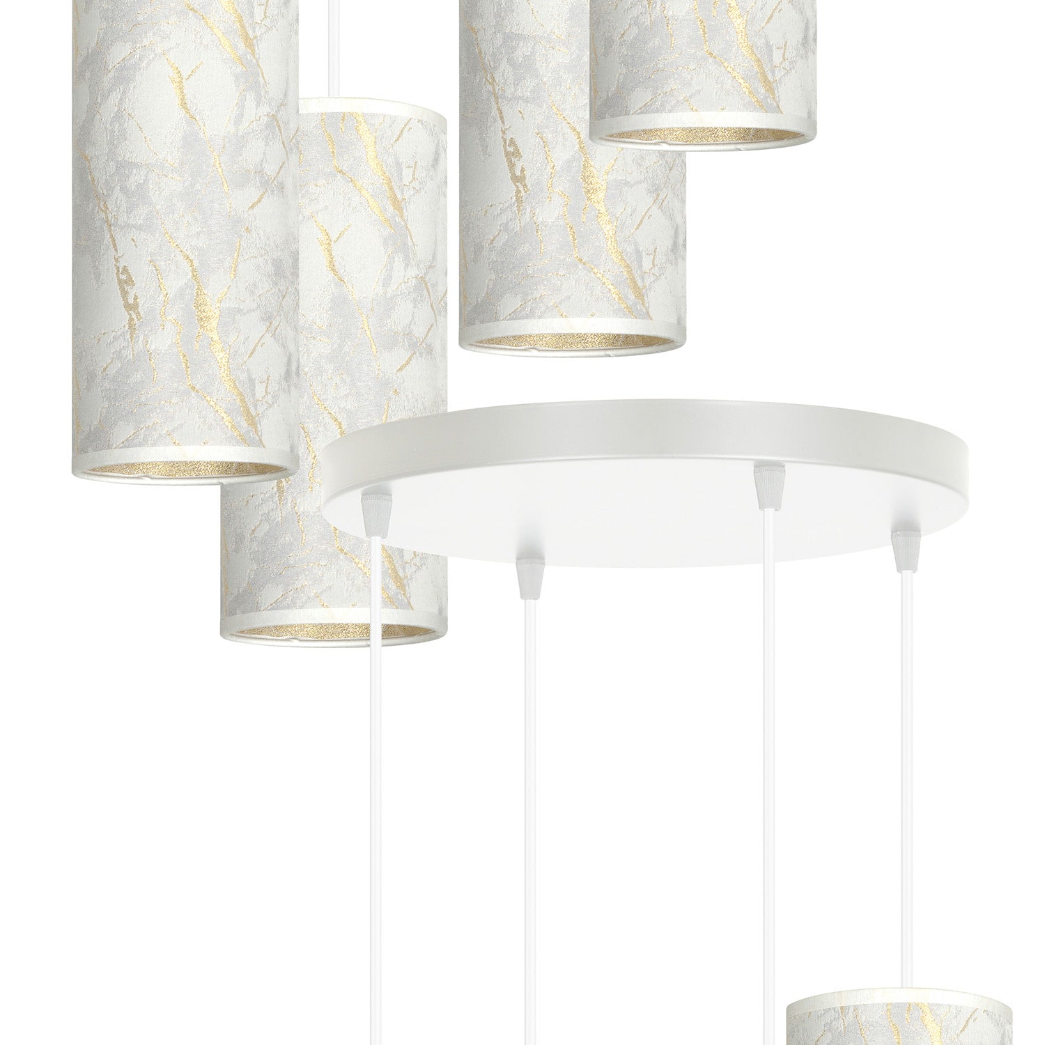 Sospensione Tonda 4 Luci Karli In Acciaio Bianco E Paralumi Effetto Marmo Dorato