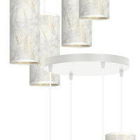 Sospensione Tonda 4 Luci Karli In Acciaio Bianco E Paralumi Effetto Marmo Dorato