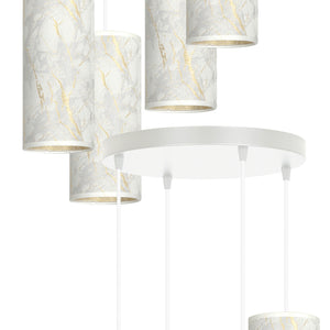 Sospensione Tonda 4 Luci Karli In Acciaio Bianco E Paralumi Effetto Marmo Dorato