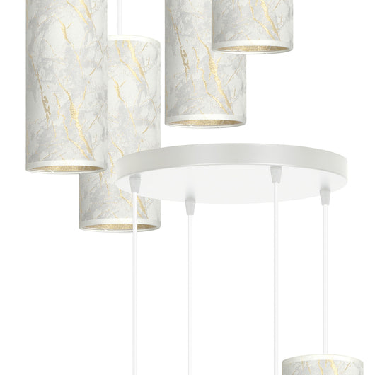 Sospensione Tonda 4 Luci Karli In Acciaio Bianco E Paralumi Effetto Marmo Dorato