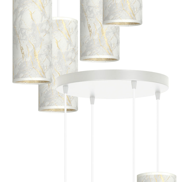 Sospensione Tonda 4 Luci Karli In Acciaio Bianco E Paralumi Effetto Marmo Dorato