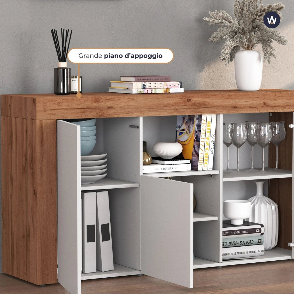 WHOUS Credenza Chronos 3 ante e 1 vano bianco lucido e rovere 155x40x85 cm