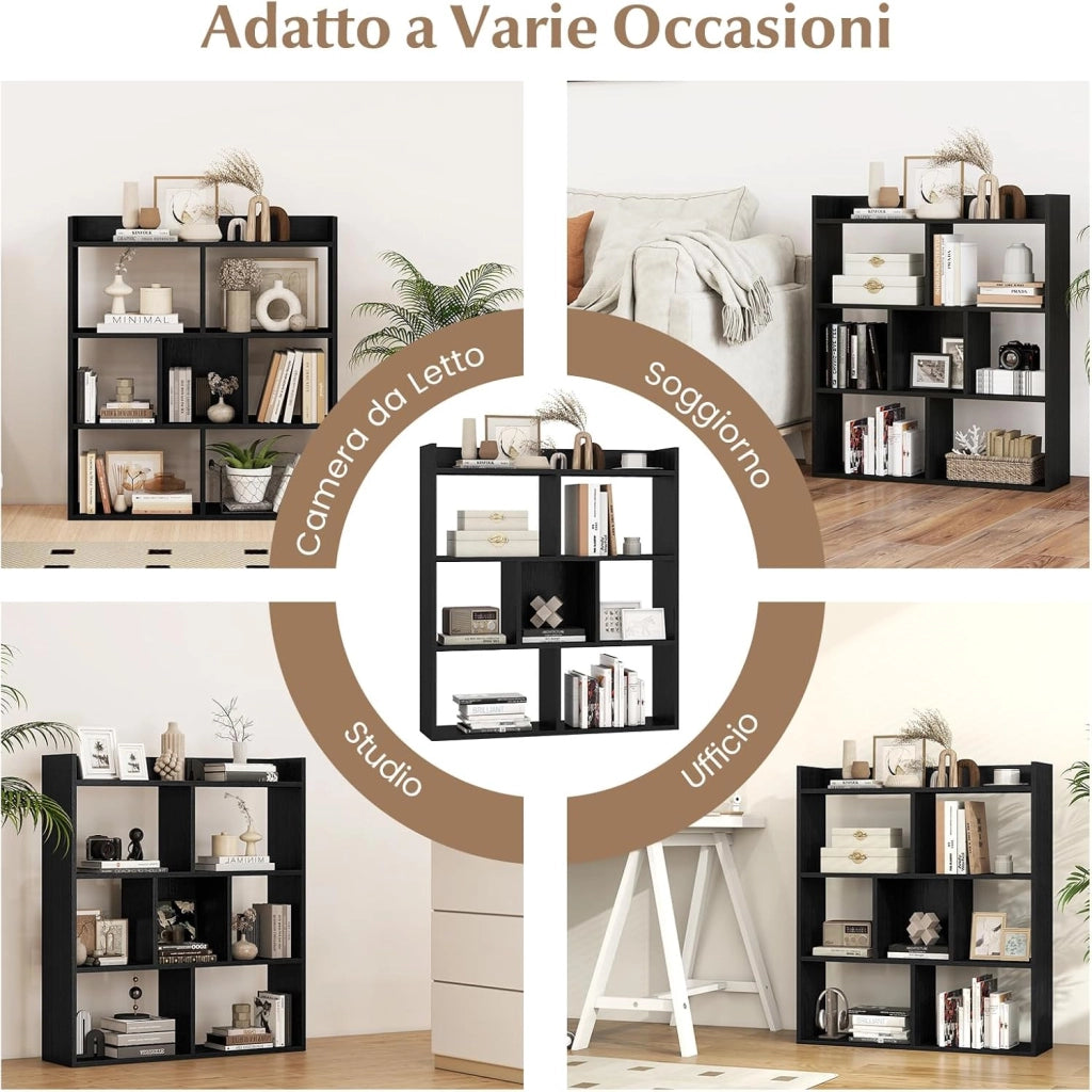 Libreria a Cubi con 7 Scomparti, Mensola Espositiva per l'Archiviazione, Libreria in Legno con Dispositivi Anti-Ribaltamento, per Studio Soggiorno, 80x20x90 cm (Nero)