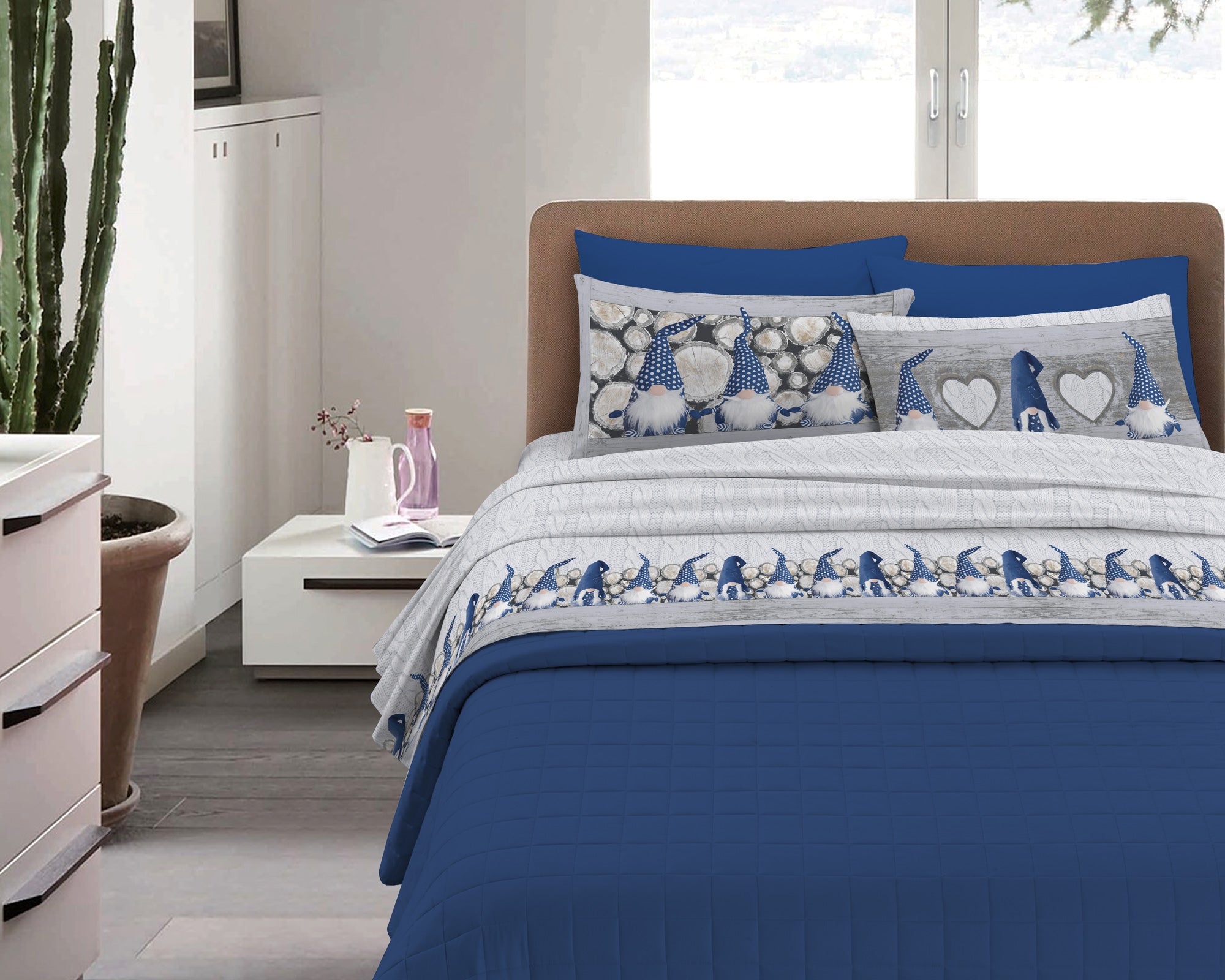 Completo Letto in Flanella Calda e Morbida Anti Pilling - Set Flanellato 3 Misure parure con Federe - Gnomi blu - 1 Piazza