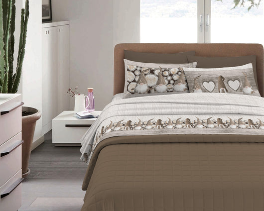 Completo Letto in Flanella Calda e Morbida Anti Pilling - Set Flanellato 3 Misure parure con Federe - Gnomi beige - 1 Piazza e mezza