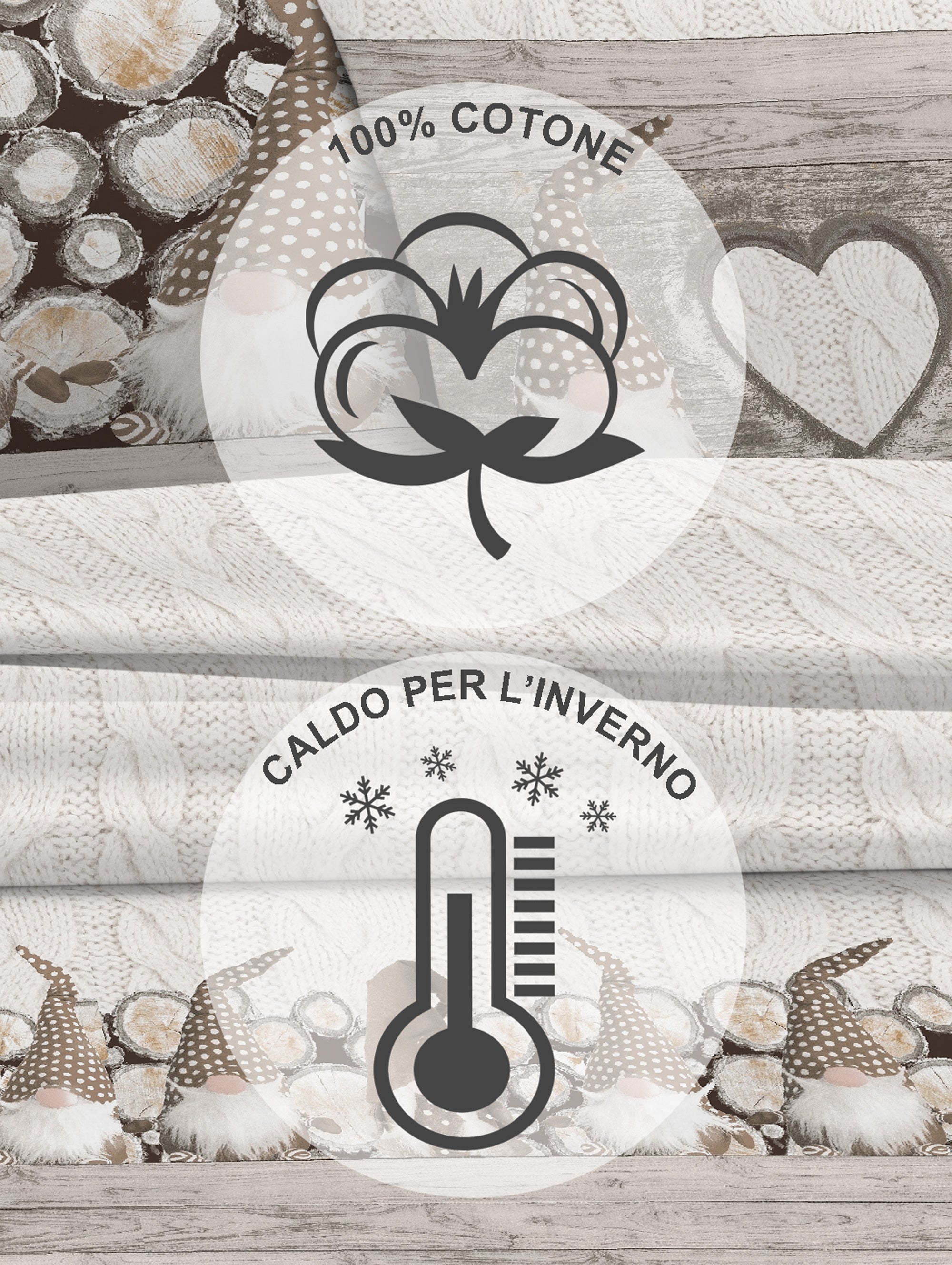 Completo Letto in Flanella Calda e Morbida Anti Pilling - Set Flanellato 3 Misure parure con Federe - Gnomi beige - 1 Piazza e mezza