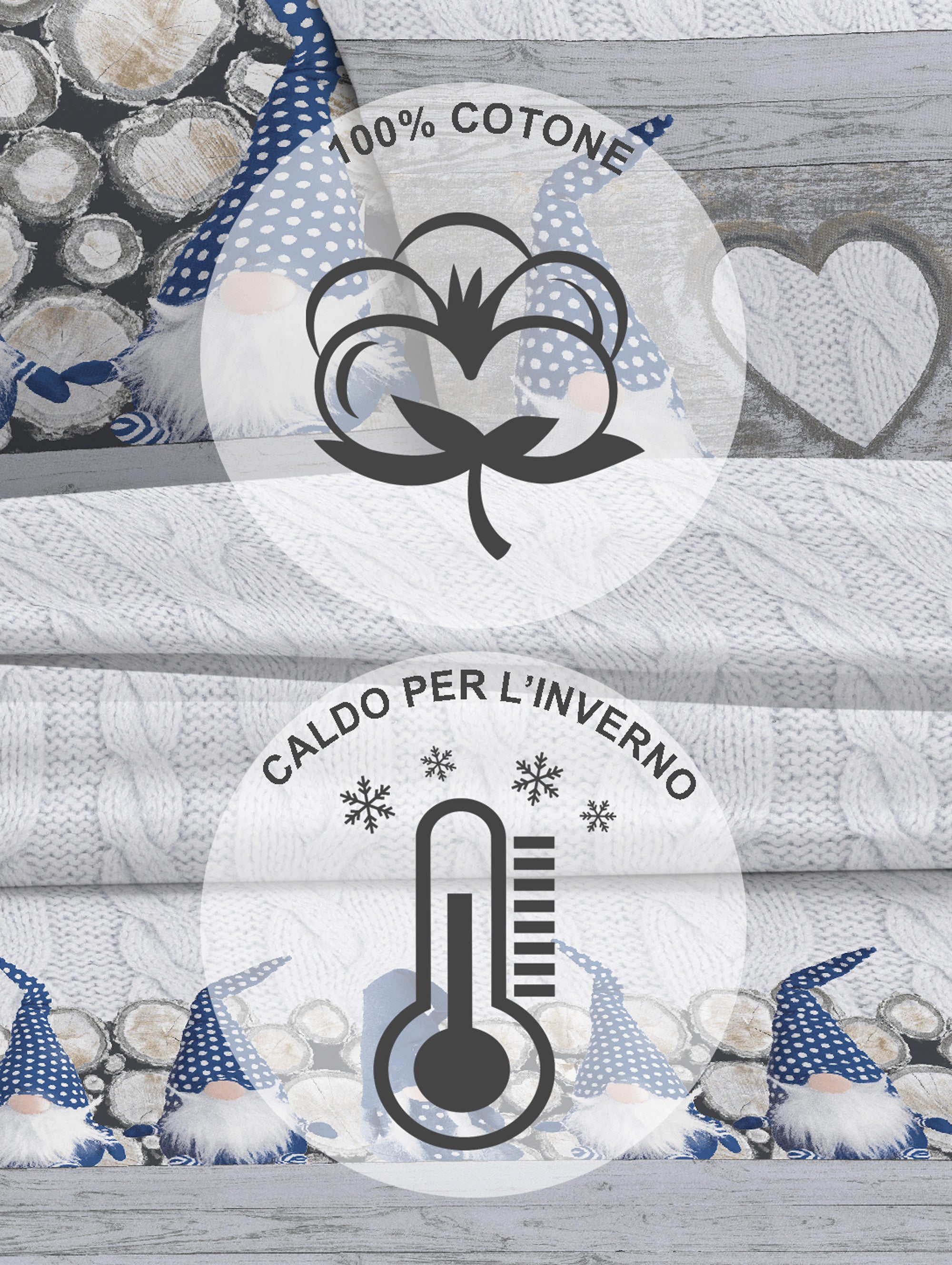 Completo Letto in Flanella Calda e Morbida Anti Pilling - Set Flanellato 3 Misure parure con Federe - Gnomi blu - 1 Piazza e mezza