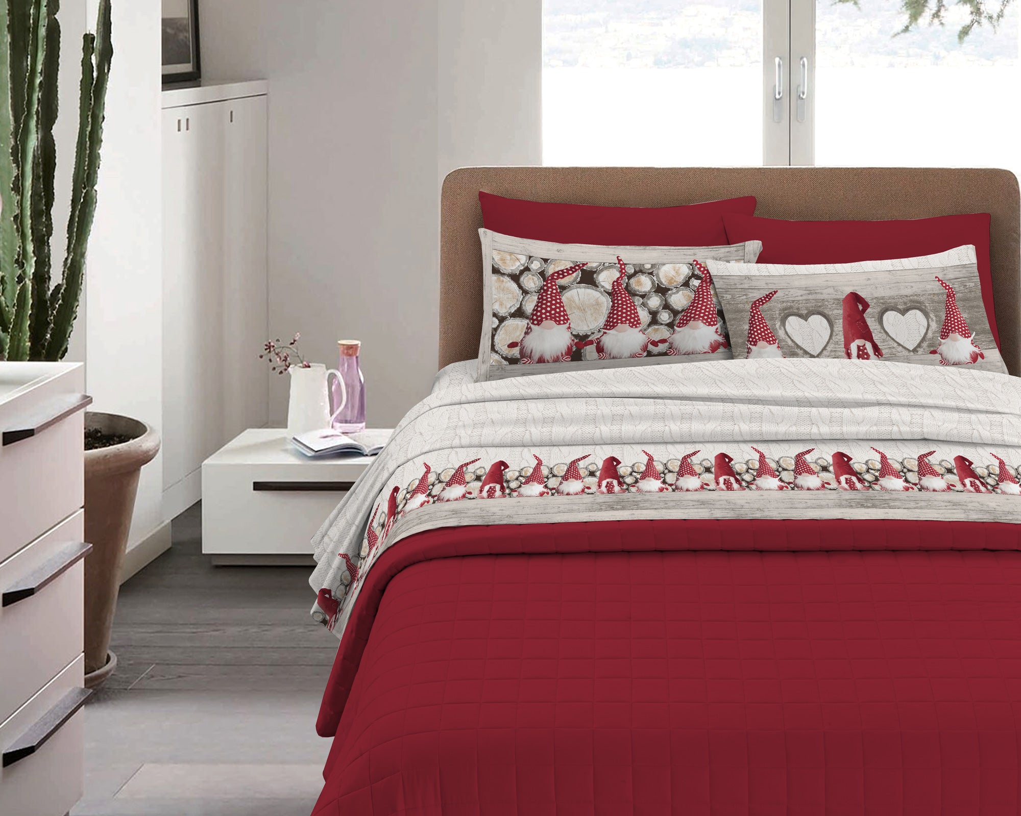 Completo Letto in Flanella Calda e Morbida Anti Pilling - Set Flanellato 3 Misure parure con Federe - Gnomi rosso - 2 Piazze