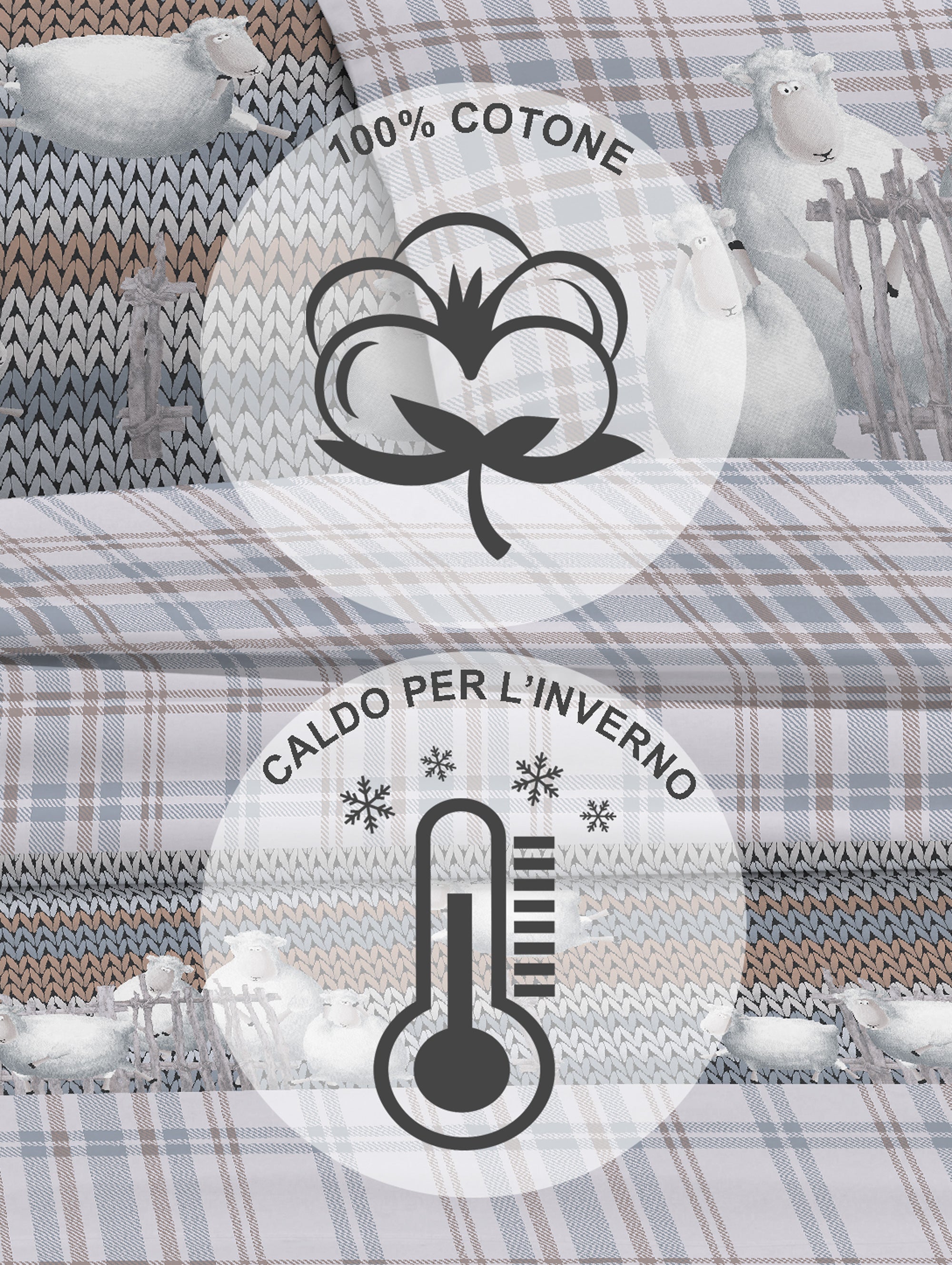 Completo Letto in Flanella Calda e Morbida Anti Pilling - Set Flanellato 3 Misure parure con Federe - Pecorelle grigio - 1 Piazza