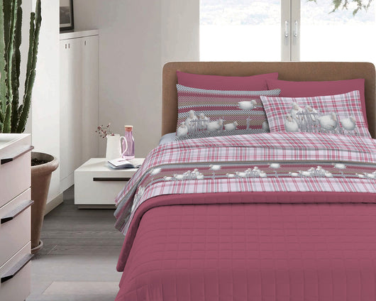 Completo Letto in Flanella Calda e Morbida Anti Pilling - Set Flanellato 3 Misure parure con Federe - Pecorelle rosa - 1 Piazza