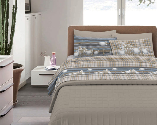Completo Letto in Flanella Calda e Morbida Anti Pilling - Set Flanellato 3 Misure parure con Federe - Pecorelle beige - 1 Piazza e mezza