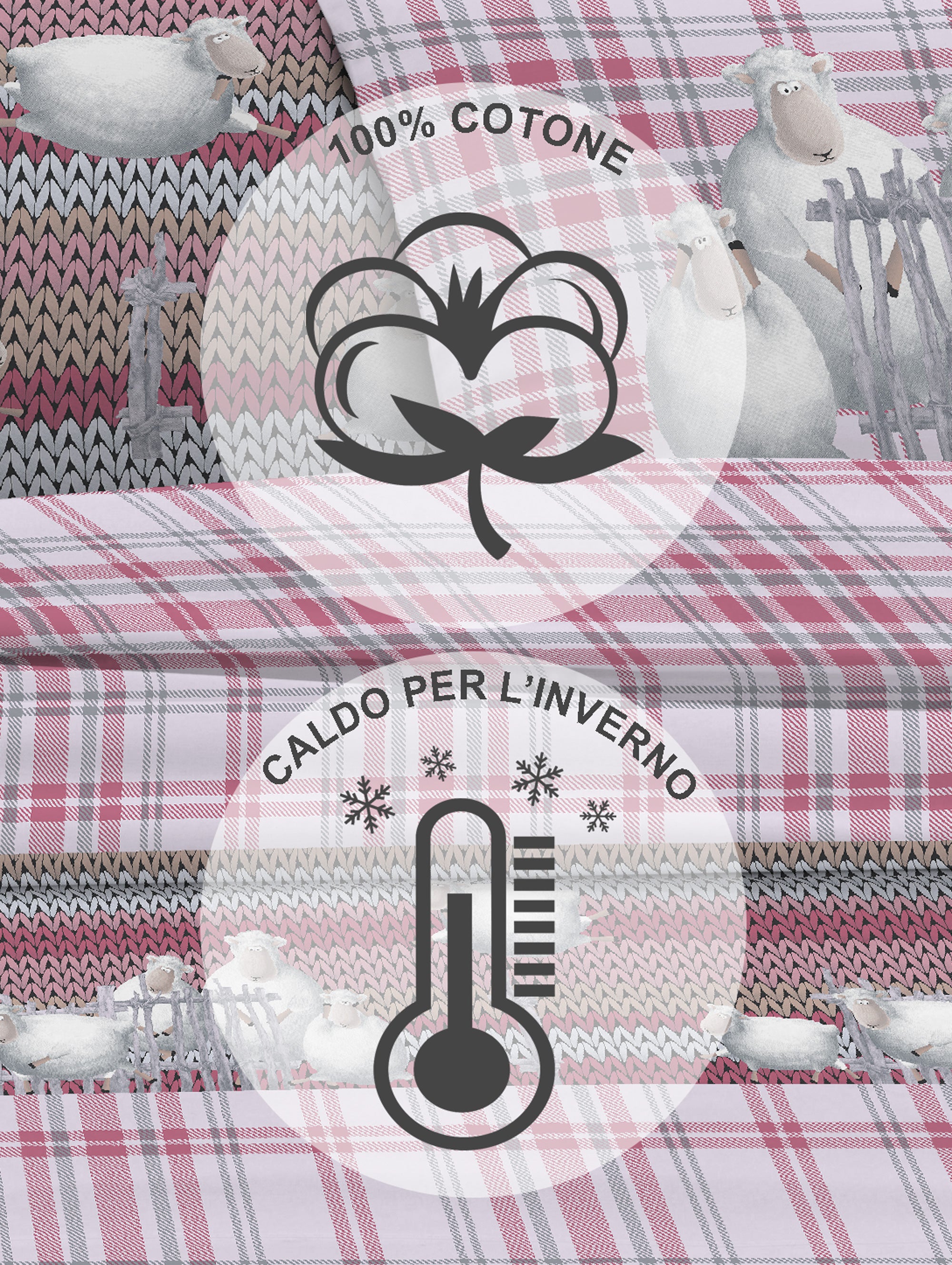 Completo Letto in Flanella Calda e Morbida Anti Pilling - Set Flanellato 3 Misure parure con Federe - Pecorelle rosa - 1 Piazza e mezza