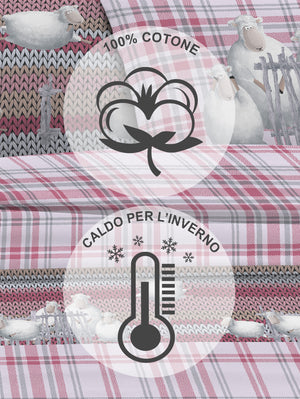 Completo Letto in Flanella Calda e Morbida Anti Pilling - Set Flanellato 3 Misure parure con Federe - Pecorelle rosa - 1 Piazza e mezza