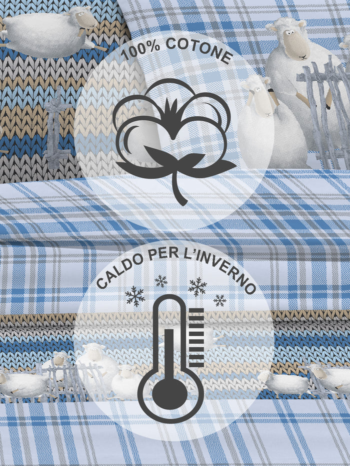 Completo Letto in Flanella Calda e Morbida Anti Pilling - Set Flanellato 3 Misure parure con Federe - Pecorelle azzurro - 2 Piazze